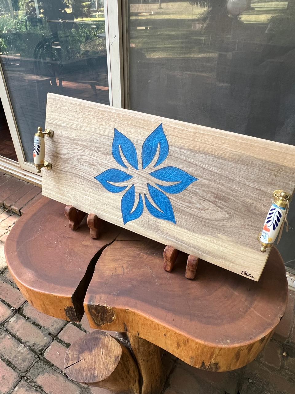 Blue Flower Inlay Tray | Elefari Woodcraft